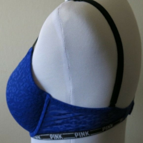 Pink VICTORIA'S SECRET Push Up Padded Underwire Blue Lace Bra - Size 32 DD - Picture 2 of 5